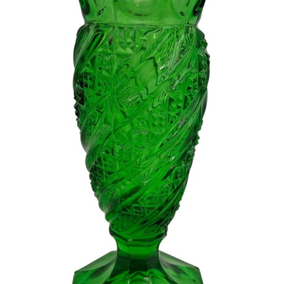 Antique EAPG Green Swirl & Diamond Cane Vase, U.S. Glass Co. c.1900 - Picture 2 of 4